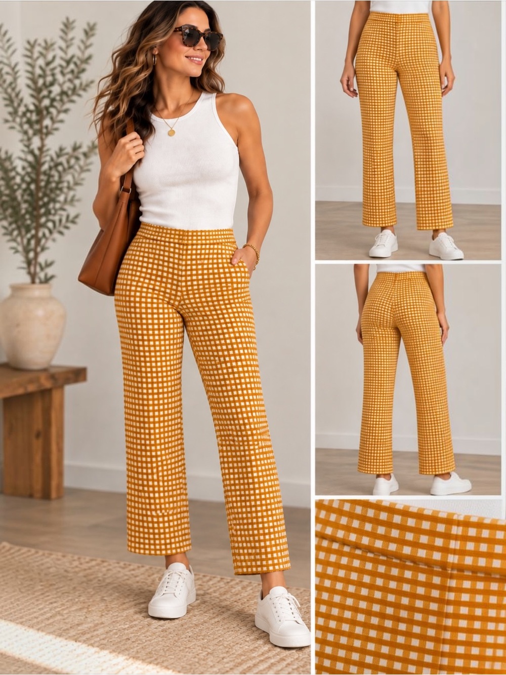 Maeve Anthropologie XL Mustard Cream Gingham Check Stretch Pants